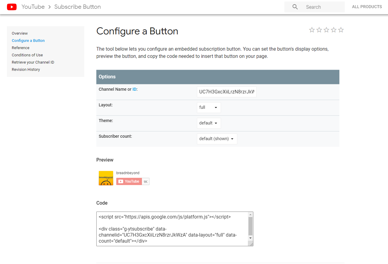 youtube subscribe button configuration