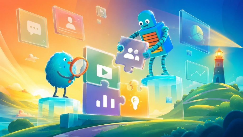 Robot and bird collaborate to assemble a puzzle piece with a people icon amid glowing dashboards in a bright colorful landscape