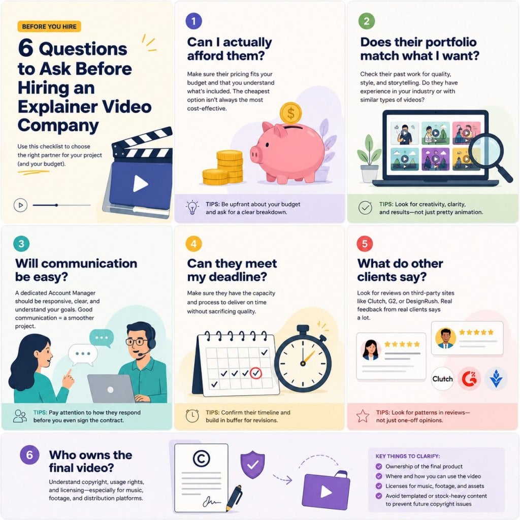 Header card  Questions to Ask Before Hiring an Explainer Video Company with a clapperboard image For informative purposes to hire guidance only not just visuals