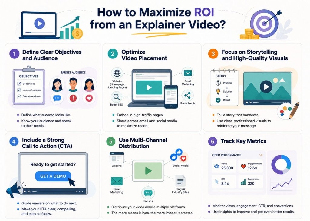 Infographic titled How to Maximize ROI from an Explainer Video showing six steps for optimizing video impact