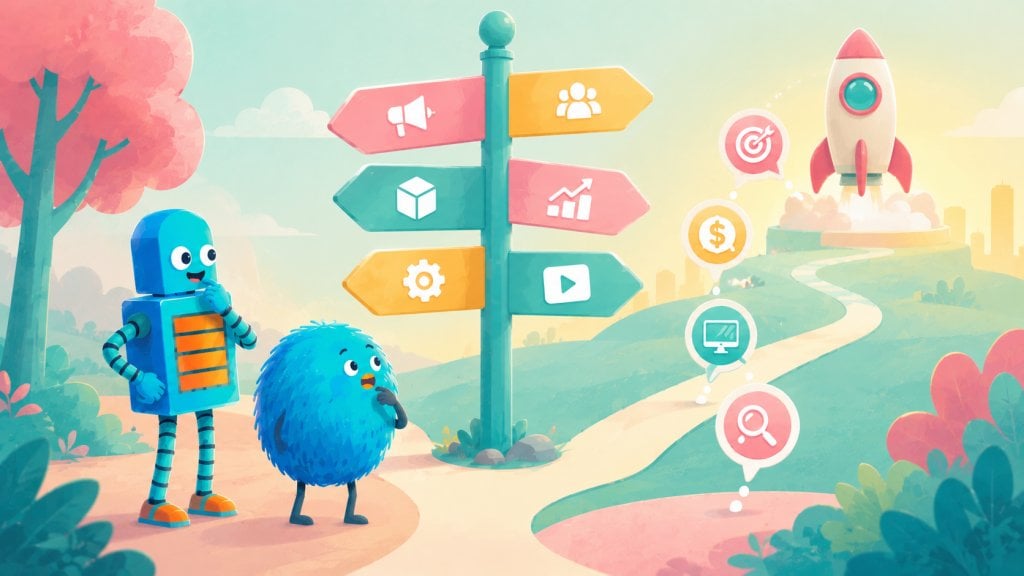 Cartoon robot and blue fluffy creature stand beside a colorful signpost with multiple directional arrows suggesting choices and navigation