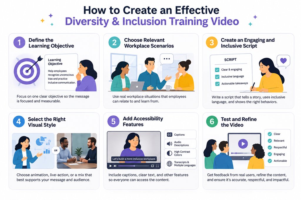 image | Breadnbeyond Six panel infographic outlining steps to create a DI training video with scenes of people collaborating and planning