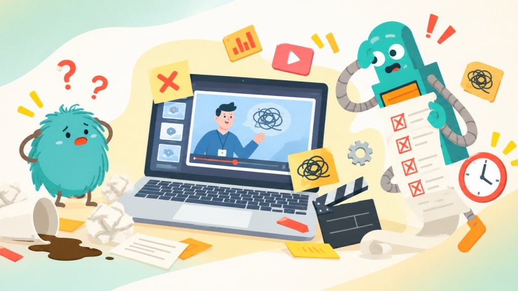 Cartoon of a confused blue bug and a robot with a checklist as a laptop shows a troubleshooting video