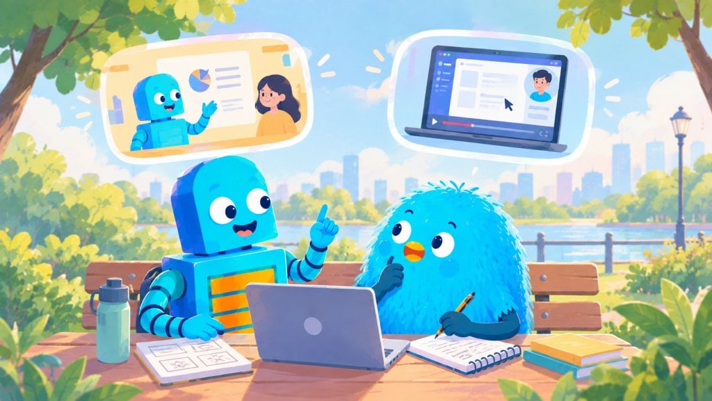 Two blue mascots study outdoors at a park bench with a laptop and notebook as a fuzzy blue companion watches